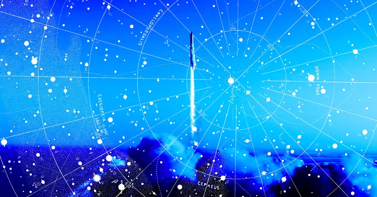 A rocket trail rising through a blue star-chart illustration