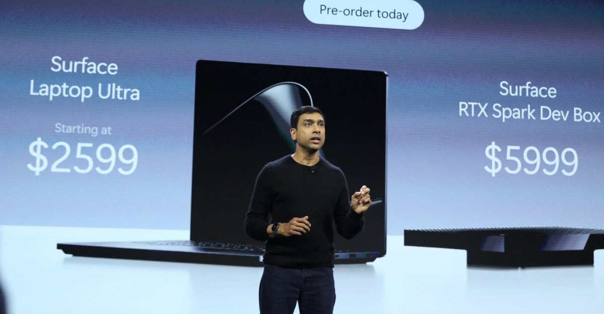 Microsoft stage shot showing Surface Laptop Ultra at $2,599 and the RTX Spark Dev Box at $5,999