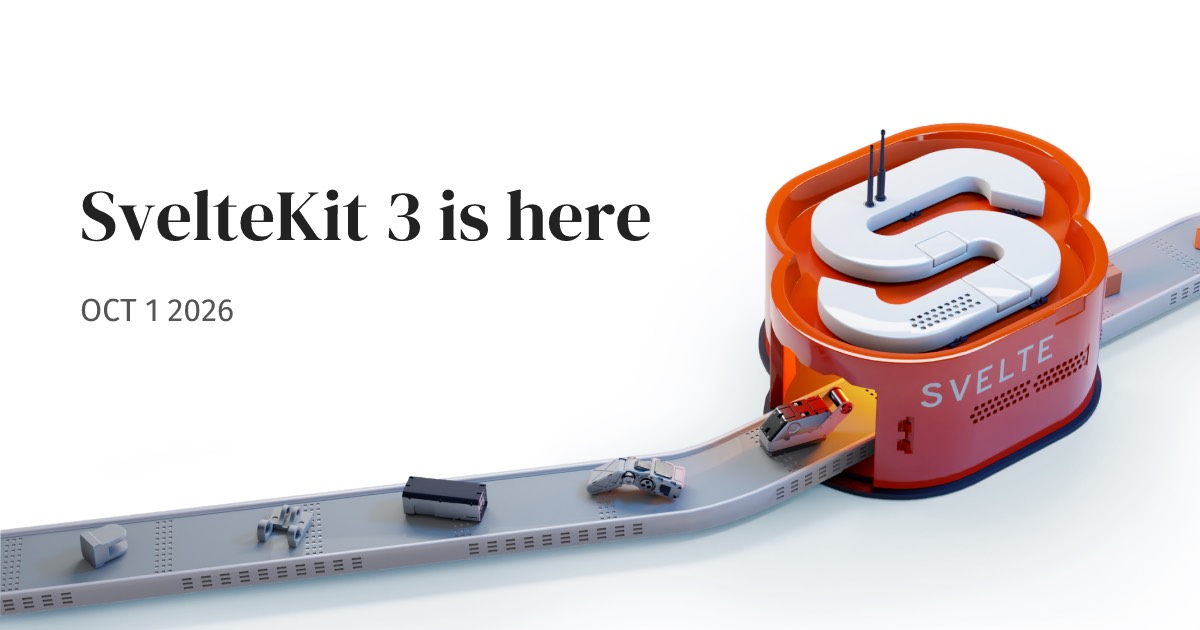SvelteKit 3 art: an Svelte-branded machine at the end of a conveyor belt