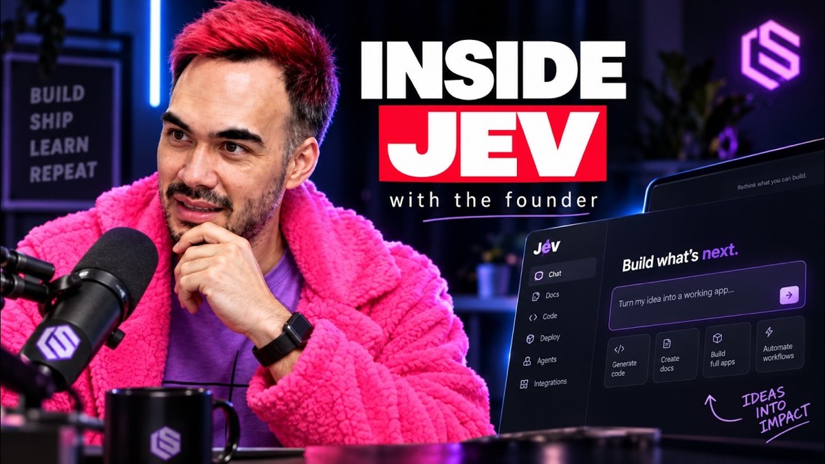 Latent Space podcast thumbnail: red-haired Jev founder Diogo Almeida beside the Jev product interface