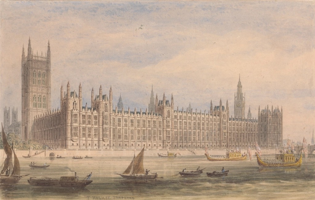 Watercolour view of the Palace of Westminster across the Thames
