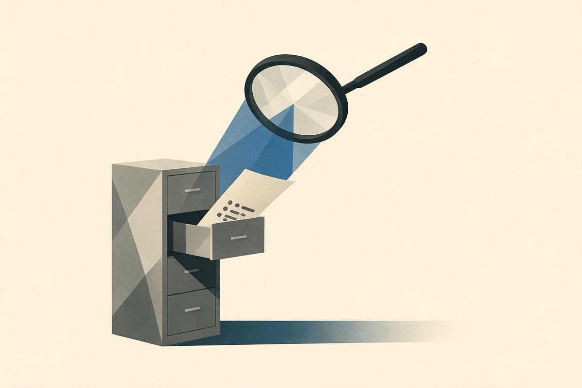Flat-style illustration: a grey filing cabinet with one drawer open, a document rising out of it toward a magnifying glass in a blue beam of light