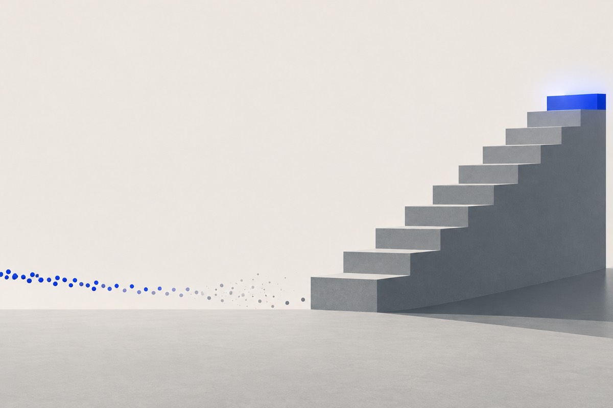 A grey geometric staircase rises toward a glowing blue top step while a trail of blue dots fades out before reaching it