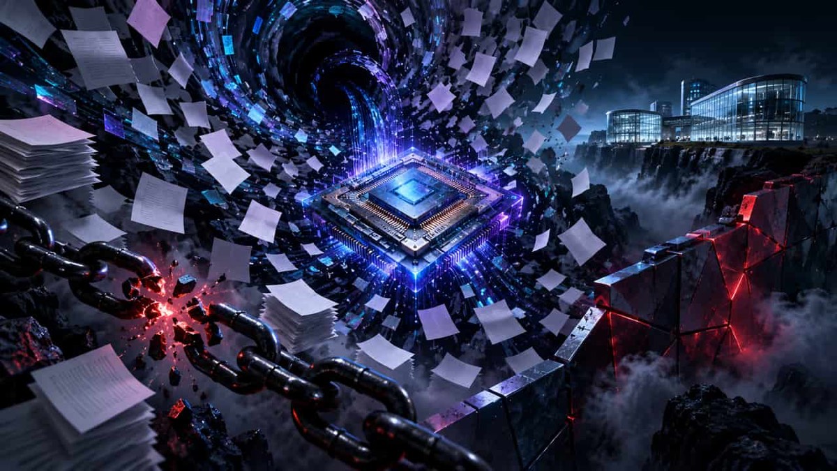 A glowing processor chip surrounded by drifting paper sheets, with a cracked chain and a red crystal barrier at the sides and a glass office building on a cliff