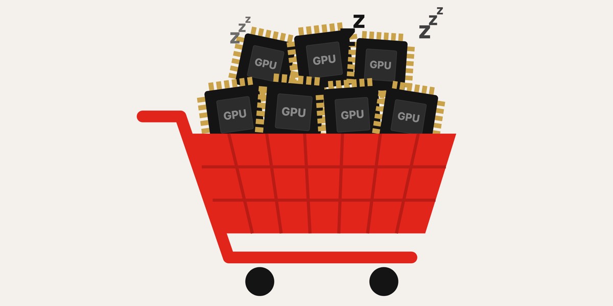 红色购物车里堆满标着 GPU 字样的芯片,芯片上方飘着 Zzz 睡眠符号