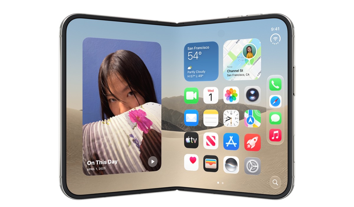 A half-folded folding iPhone standing like a tent: photos on the left pane, an app grid on the right, with Phone and Safari icons stacked along the right edge