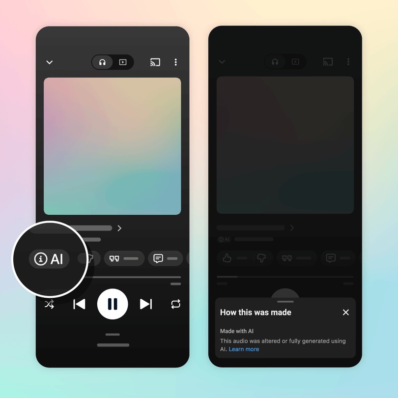 The AI chip and the How this was made menu on a YouTube Music player page, from the official blog post