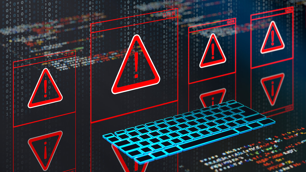 Red alert triangles over a code background
