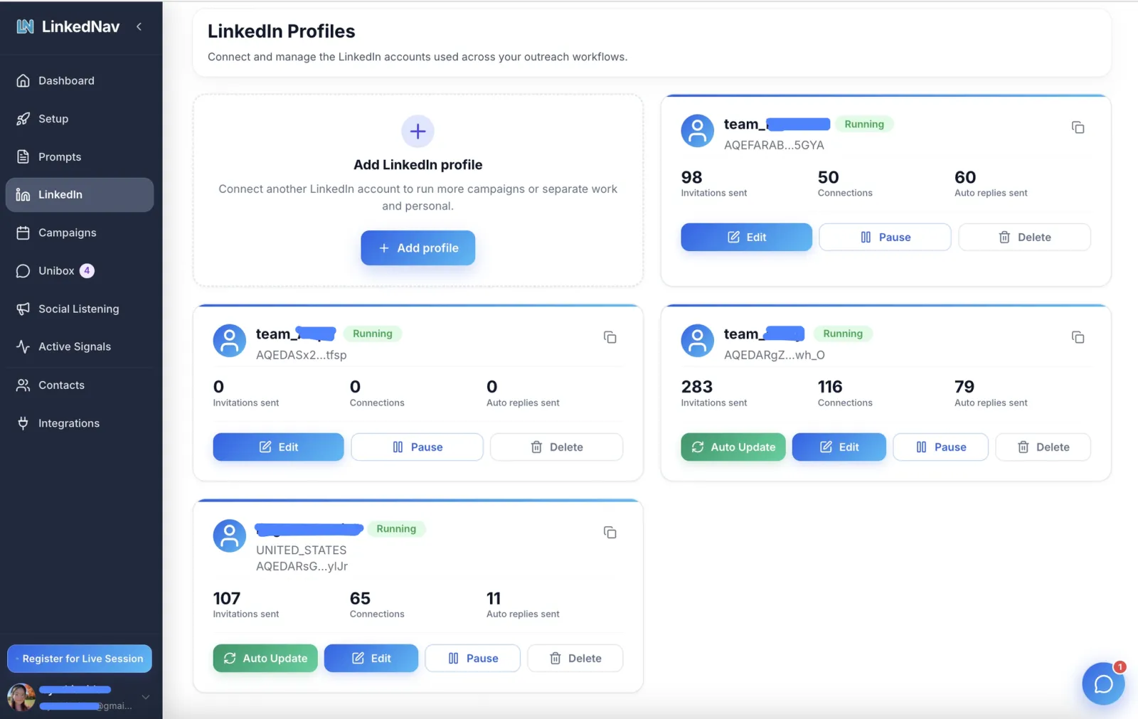 LinkedNav 的 LinkedIn Profiles 页面:连接多个领英账号,每个账号显示邀请数、连接数与 AI 回复数