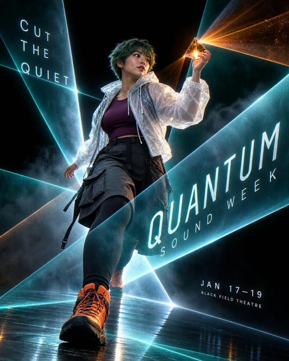 黑场海报「QUANTUM SOUND WEEK」:青色体积激光面在薄雾中切分空间,短发表演者站在光面交汇点,手中透明棱镜折射出一束橙色光扇,标题沿激光平面透视排布