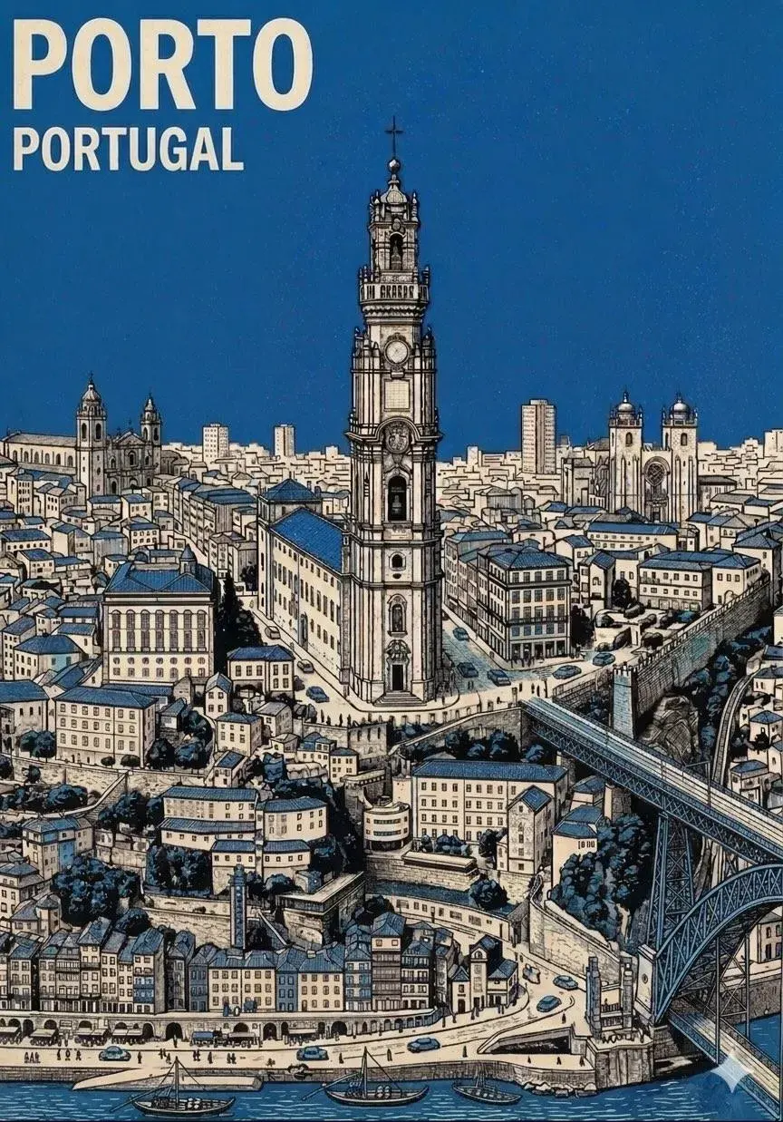 PORTO, PORTUGAL 旅行海报：平涂深蓝天空下，奶油纸底色上的黑色细排线画出牧师塔与路易斯大桥