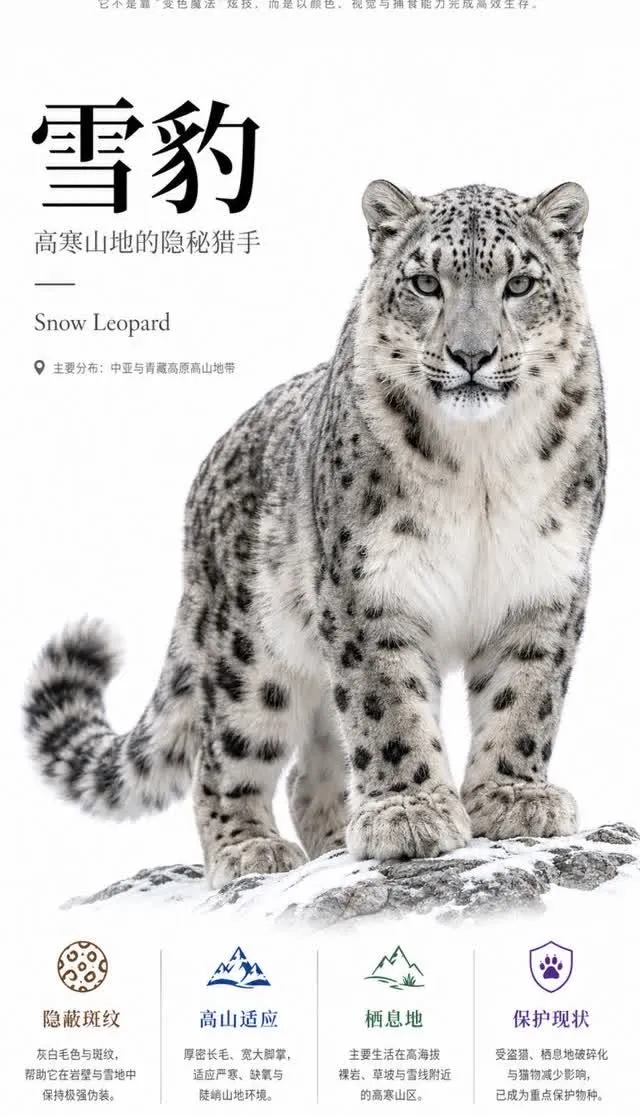 Snow leopard science poster: a large photoreal leopard fills the white frame under a bold black Chinese title, with four thin-line icon columns along the bottom