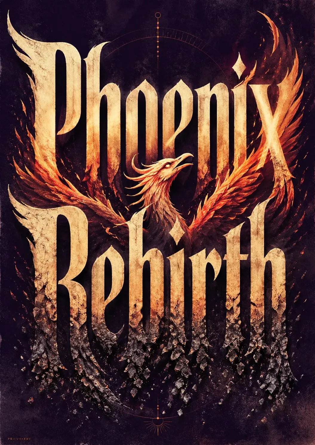 The "Phoenix Rebirth" typography poster: two lines of weathered serif type fill a dark auburn frame while a fire phoenix spreads its wings between the words, tail feathers scattering as embers