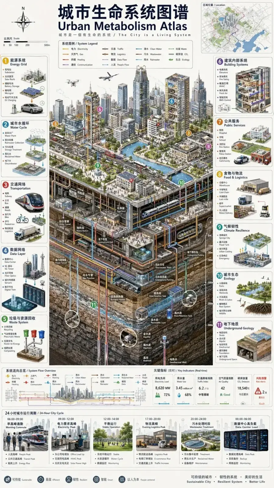 竖版双语信息图「城市生命系统图谱」：中间是等距剖面的智慧城市，楼群之下露出地铁、管廊与地质层，两侧环绕编号系统面板，底部有 24 小时城市运行时间轴