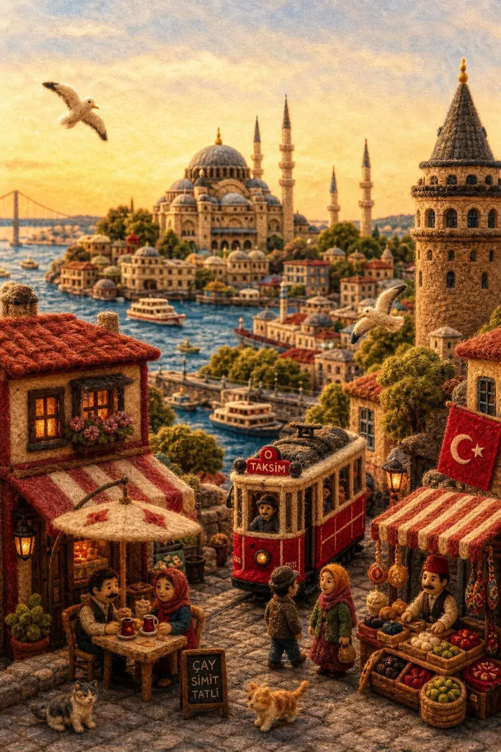 A needle-felted miniature Istanbul: Galata Tower and the mosques at golden hour, the red Taksim tram running through, tea tables, market stalls and gulls all in wool