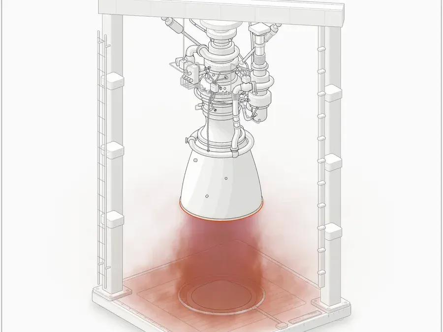 Anatomy's Raptor 2 engine on its test stand, a WebGL plume over SVG parts
