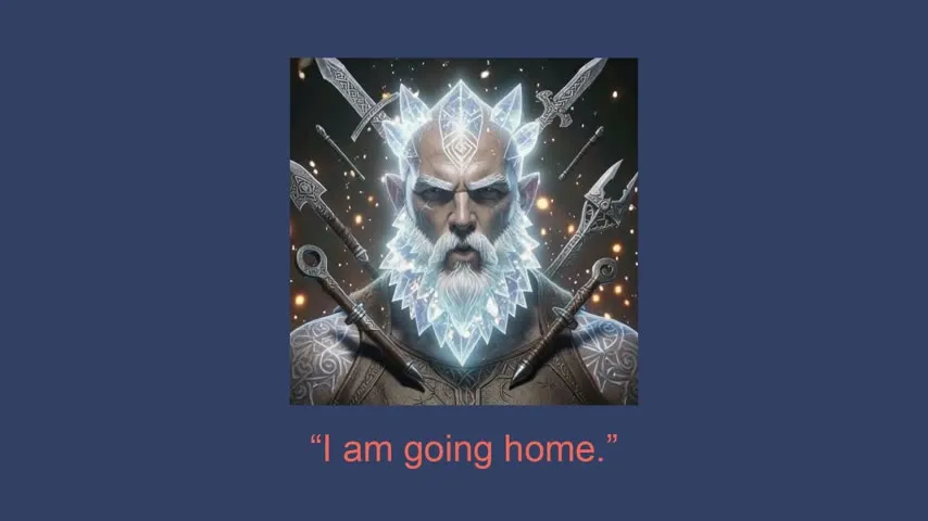 A launch-ad frame made with the toolkit: an AI-generated character with an ice-crystal beard on a navy background, with a narration caption below