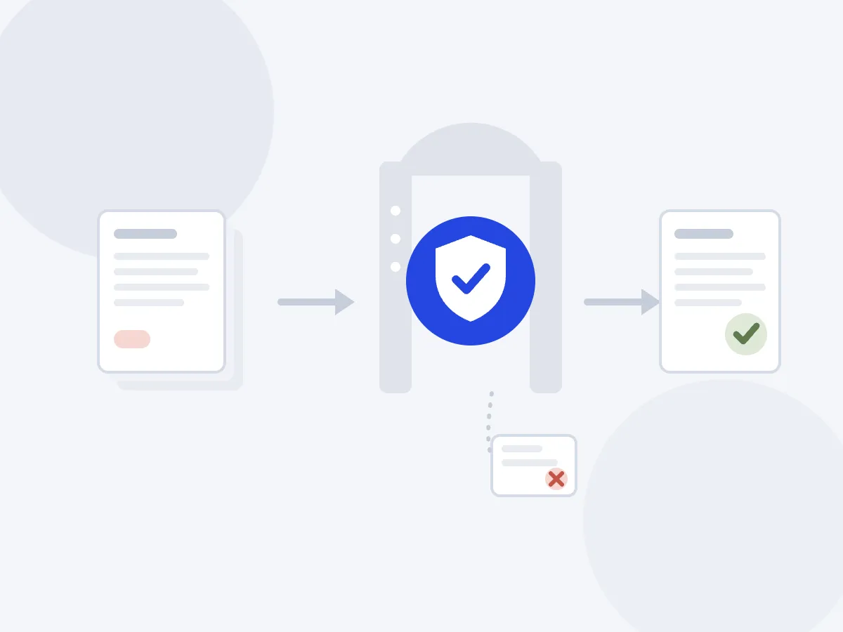 Mechanism diagram: a draft page passes through a review gate holding a shield, becomes a published page with a green check, while a rejected page with a red cross sits below