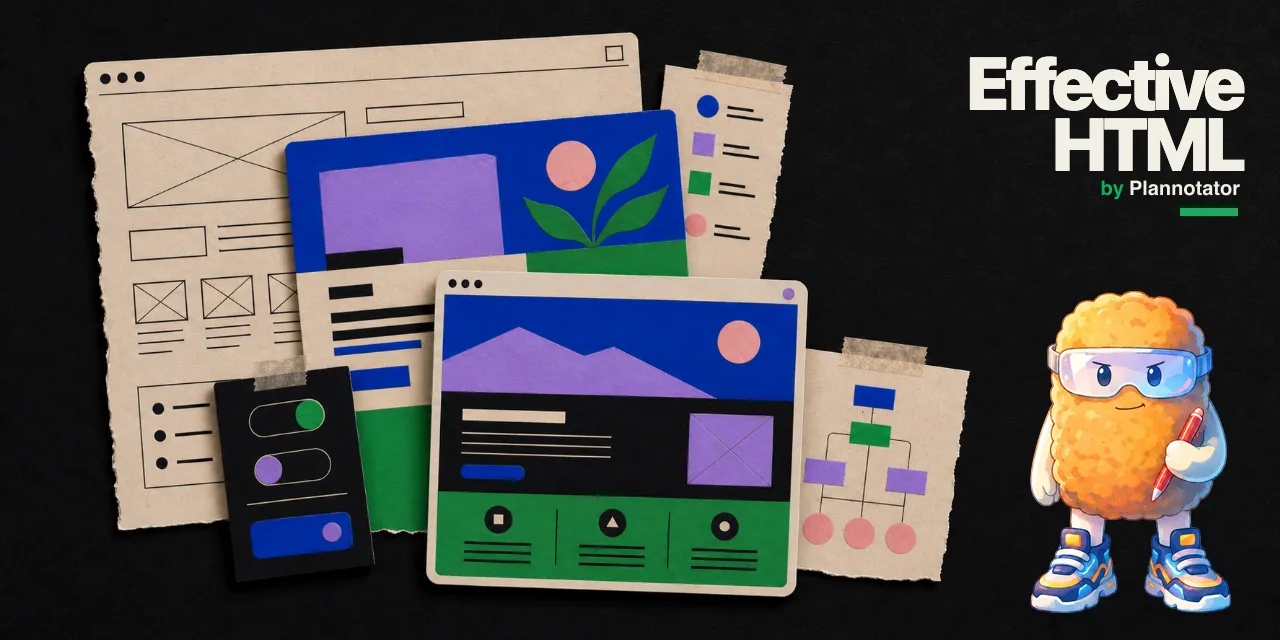 Effective HTML cover: six page cards stacked from low-fi wireframes to working prototypes, next to a mascot and repo type