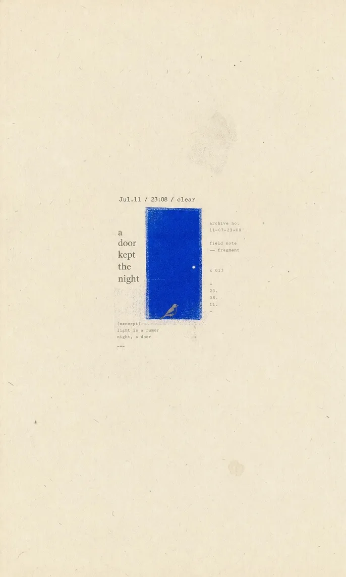 A minimal paper poster: a blue door-shaped block left of centre, a short English line beside it, and wide empty paper around them