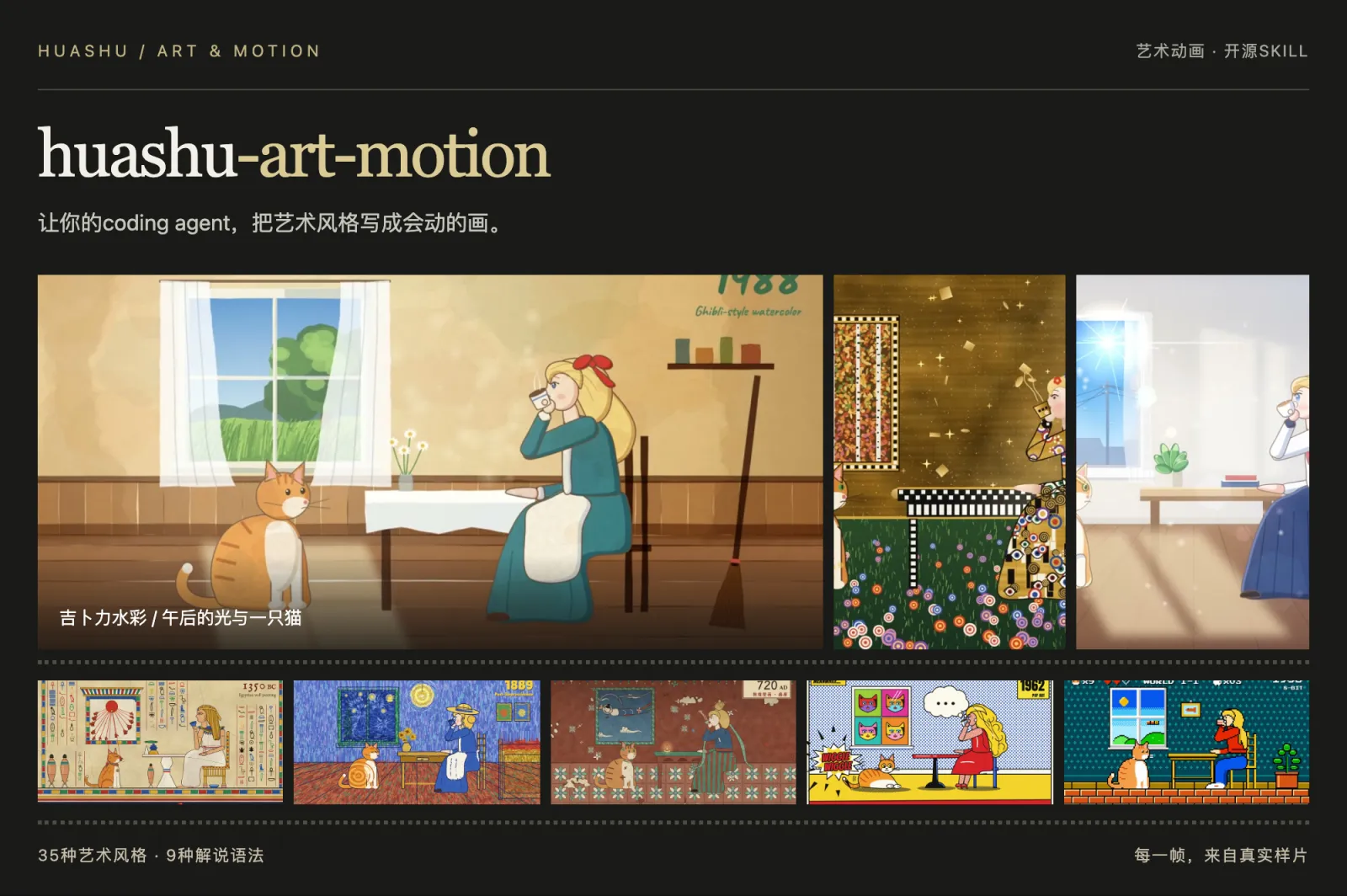 huashu-art-motion 艺术动画画廊:展示岩洞壁画、埃及壁画、梵高星空等多种艺术风格的画卷与解说语法