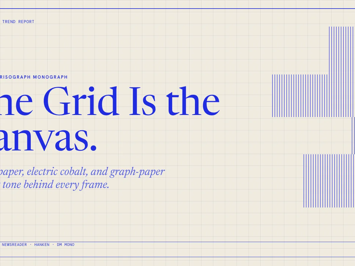 A cream graph-paper frame with a large cobalt serif headline, The Grid Is the Canvas, and a block of cobalt vertical lines on the right, from the HyperFrames Cobalt Grid design template