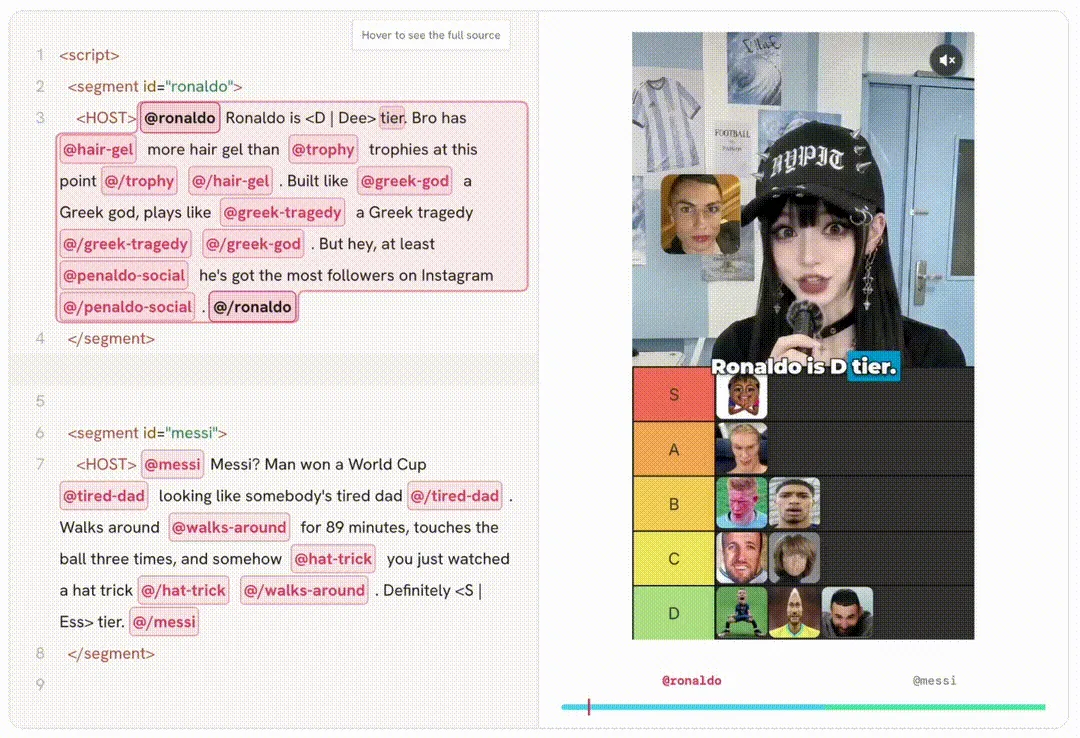 hypit's SVML script on the left, with the vertical video it describes rendering live on the right, captions and a tier-list board included