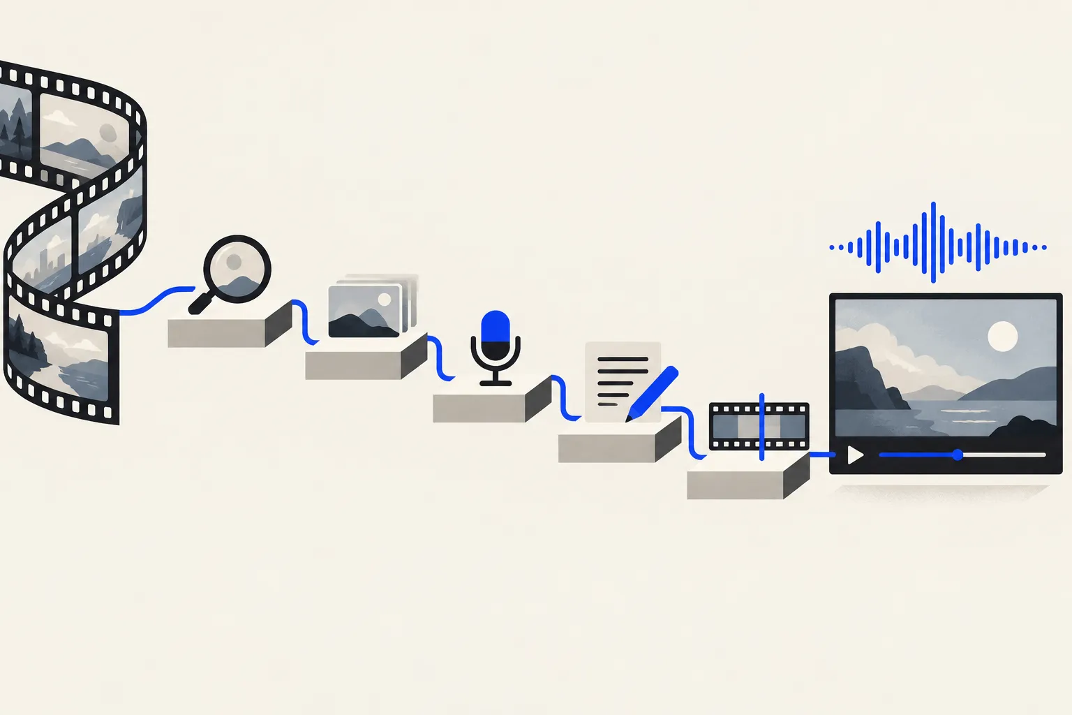 A film strip moving down a stepped pipeline through search, image, voice, script and compose stations into a finished video with a sound wave