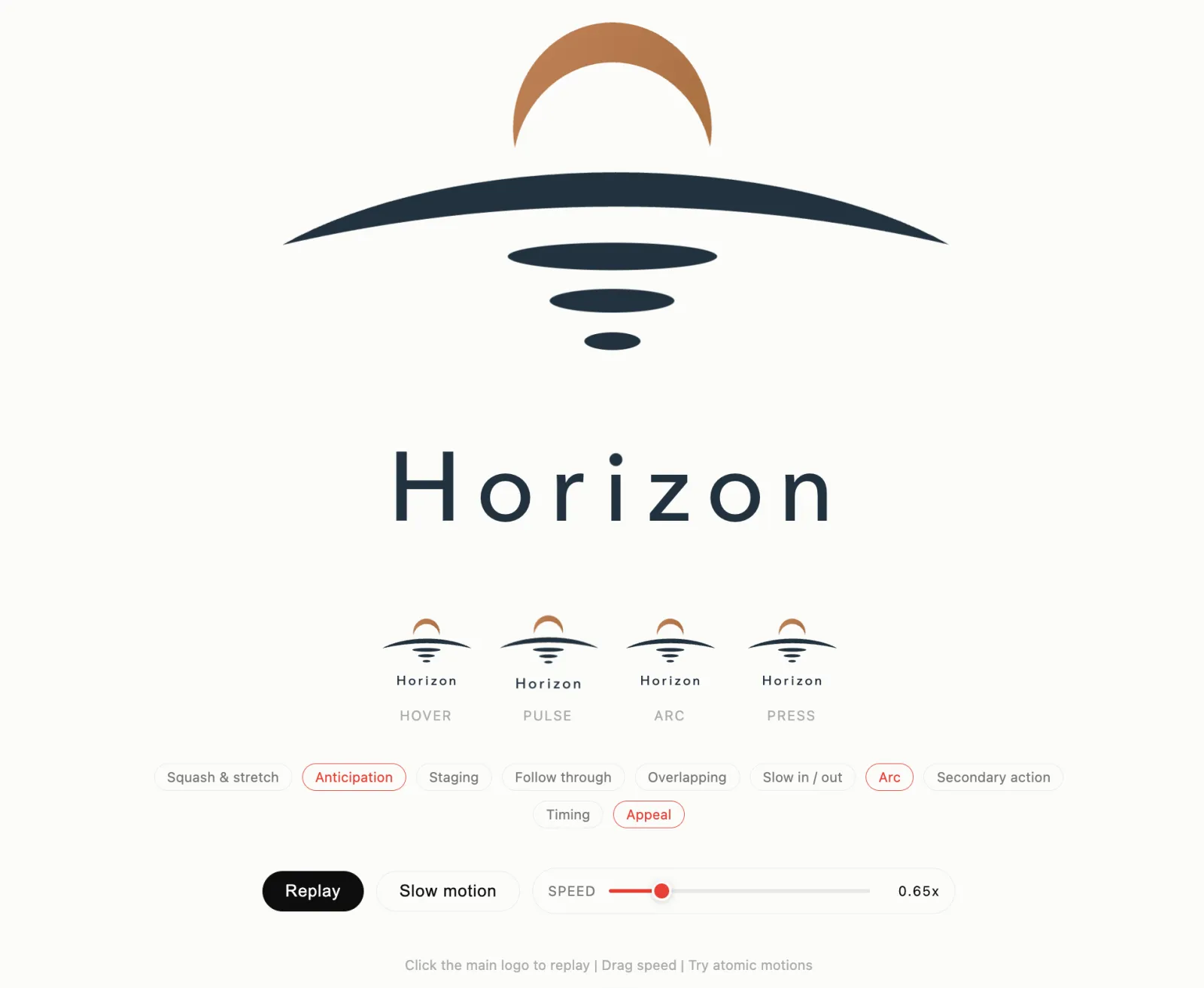 The pixel2motion demo page: the Horizon logo arc, ellipses and wordmark, with hover and pulse studies plus replay and speed controls below