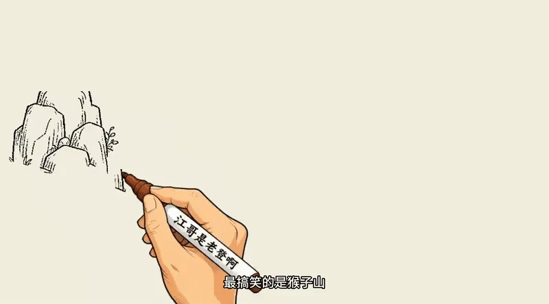 Whiteboard animation demo of a monkey-mountain story: the hand draws each element as the narration names it